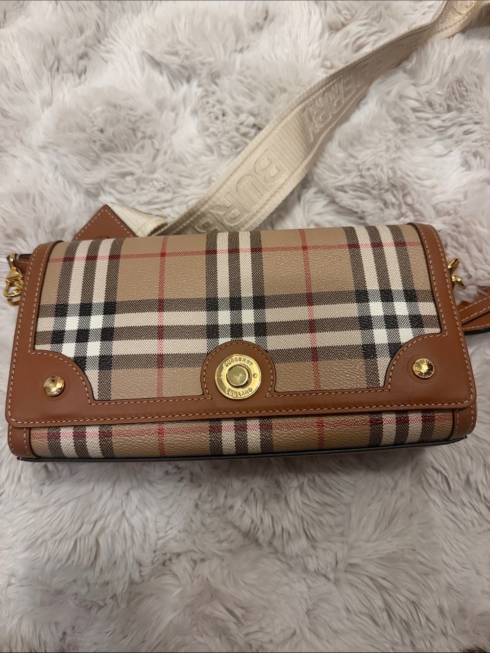 Burberry Tan Plaid Crossbody with Brown Leather Trim